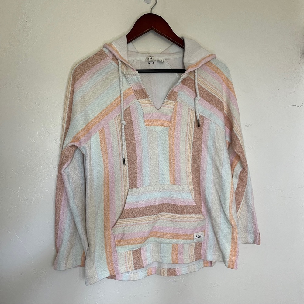 Roxy Pink Striped Relaxed Hooded Beachy Long Sleeve Sweater